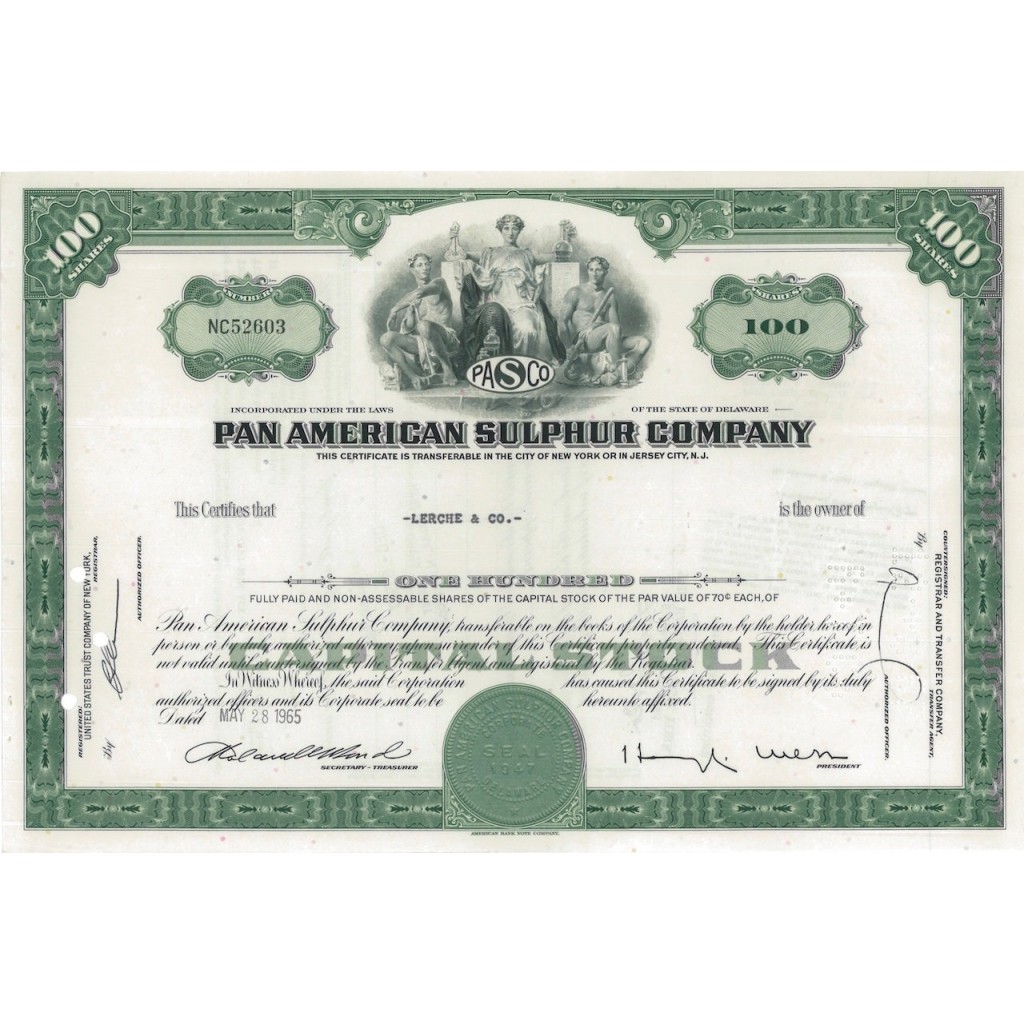 PAN AMERICAN SULPHUR COMPANY - 100 AZIONI - 1965