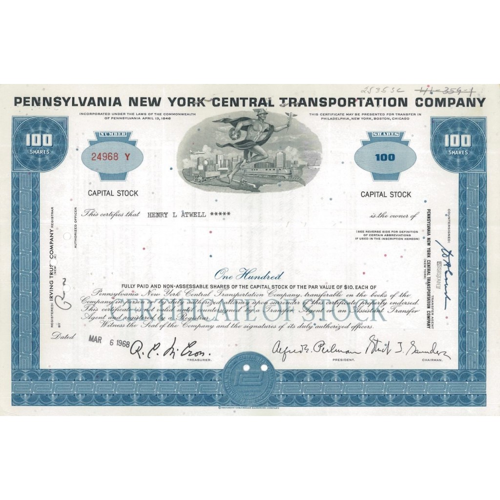 PENNSYLVANIA NEW YORK CENTRAL TRANSPORTATION COMPANY - 100 AZIONI 1968