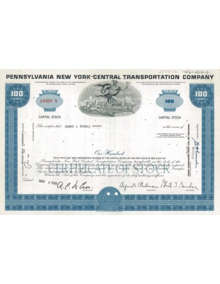 PENNSYLVANIA NEW YORK CENTRAL TRANSPORTATION COMPANY - 100 AZIONI 1968