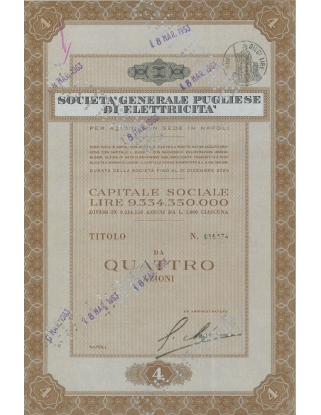 SOC. GENERALE PUGLIESE DI ELETTRICITA` - 4 AZIONI NAPOLI