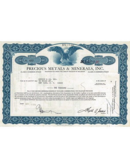 PRECIOUS METALS AND MINERALS, INC. - 1000 AZIONI - 1968