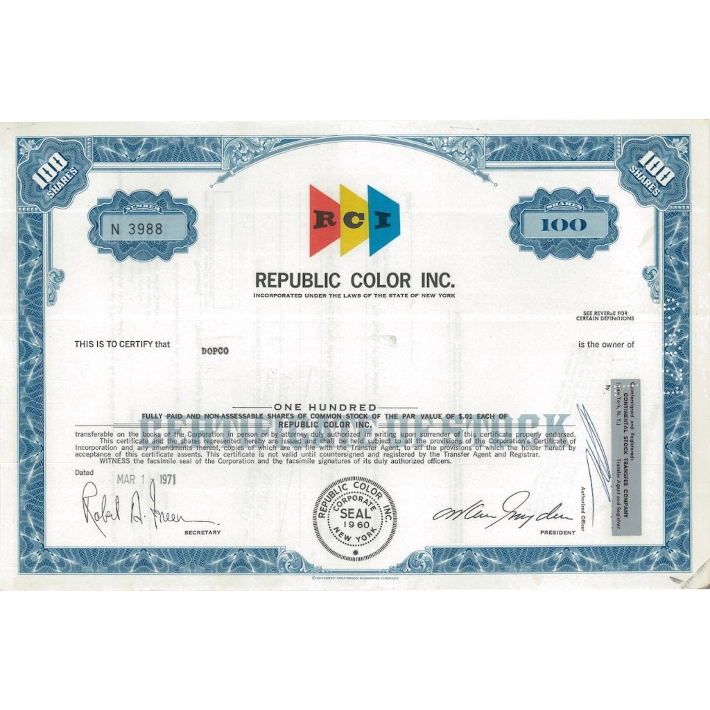 REPUBLIC COLOR INC. - 100 AZIONI - 1971