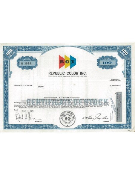 REPUBLIC COLOR INC. - 100 AZIONI - 1971