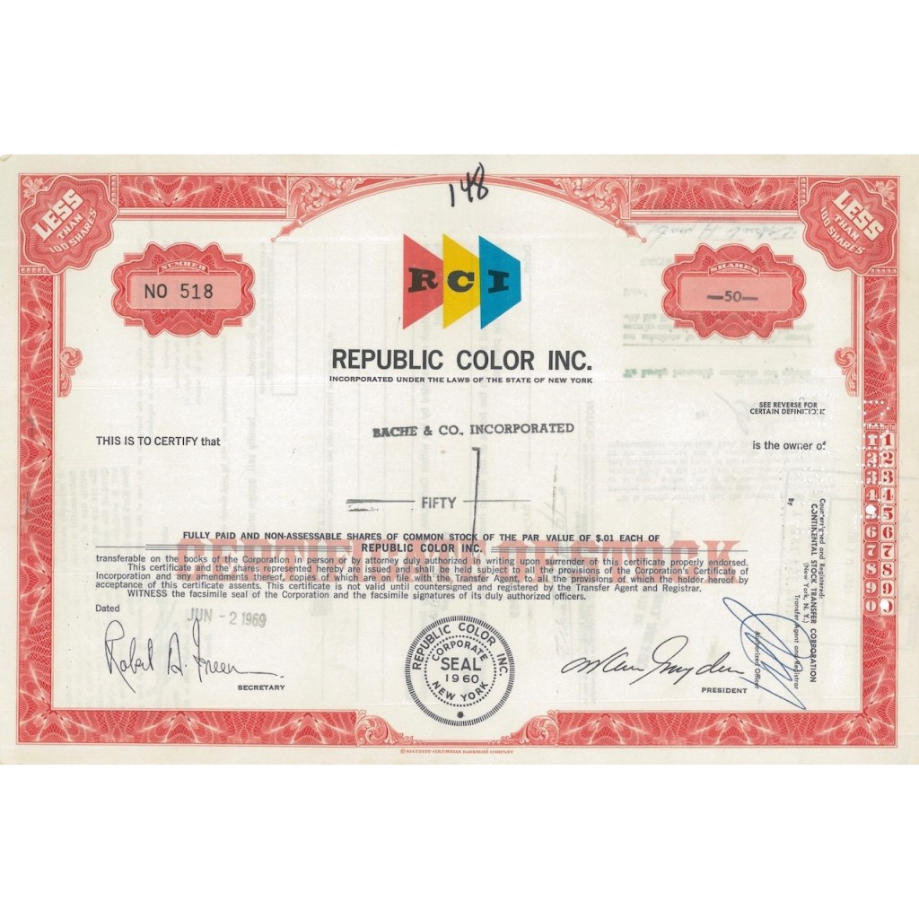 REPUBLIC COLOR INC. - 50 AZIONI - 1969