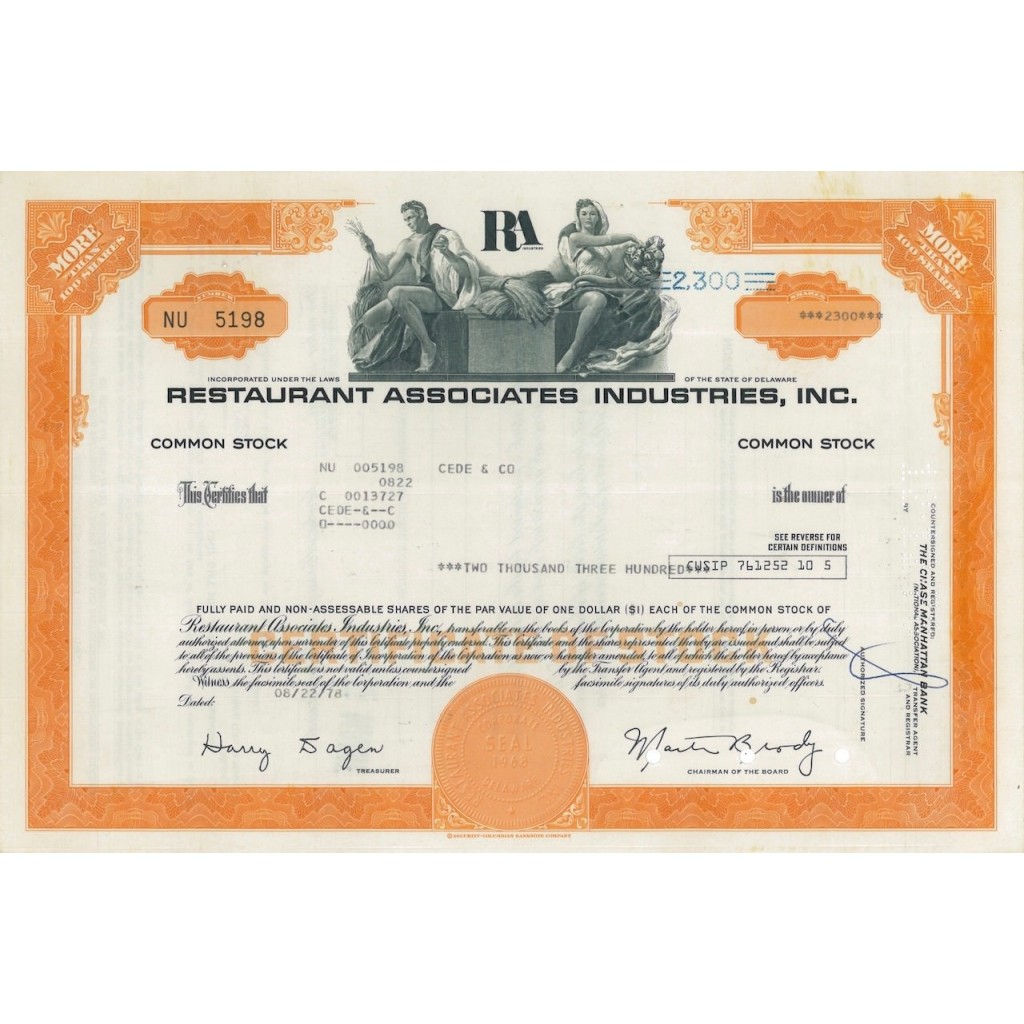 RESTAURANT ASSOCIATES INDUSTRIES, INC. 2300 AZIONI - 1978