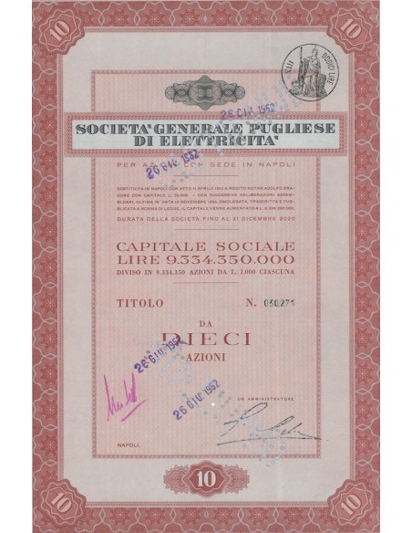 GENERALE PUGLIESE DI ELETTRICITA` - 10 AZIONI NAPOLI 1962