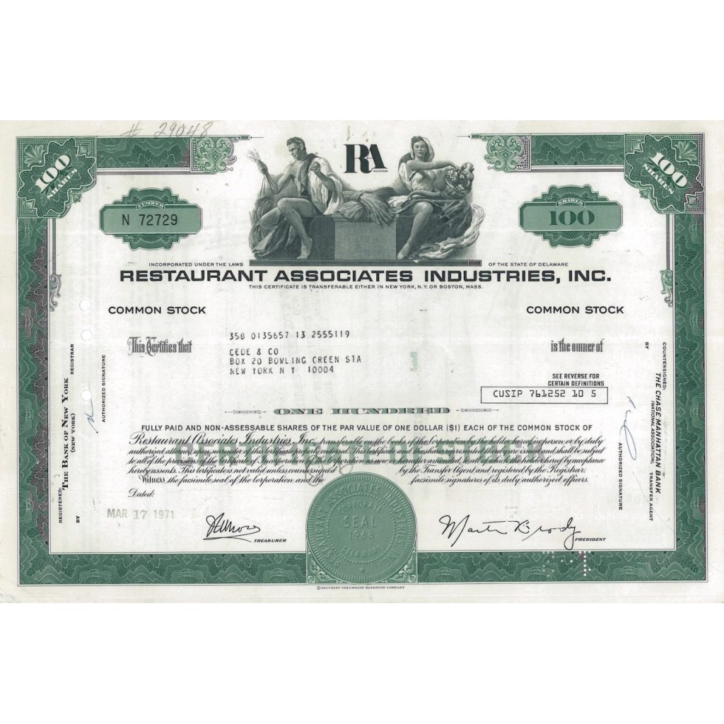 RESTAURANT ASSOCIATES INDUSTRIES, INC. 100 AZIONI - 1971