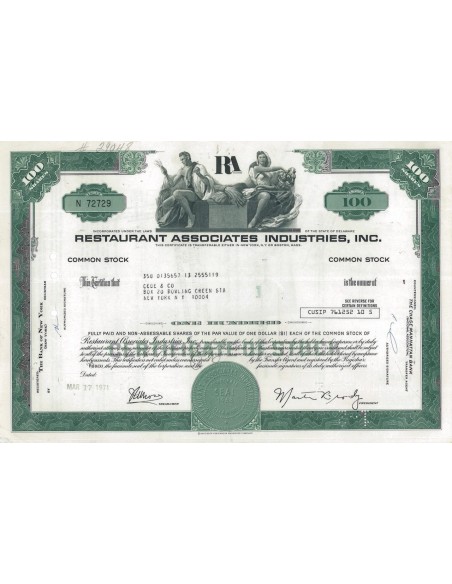 RESTAURANT ASSOCIATES INDUSTRIES, INC. 100 AZIONI - 1971