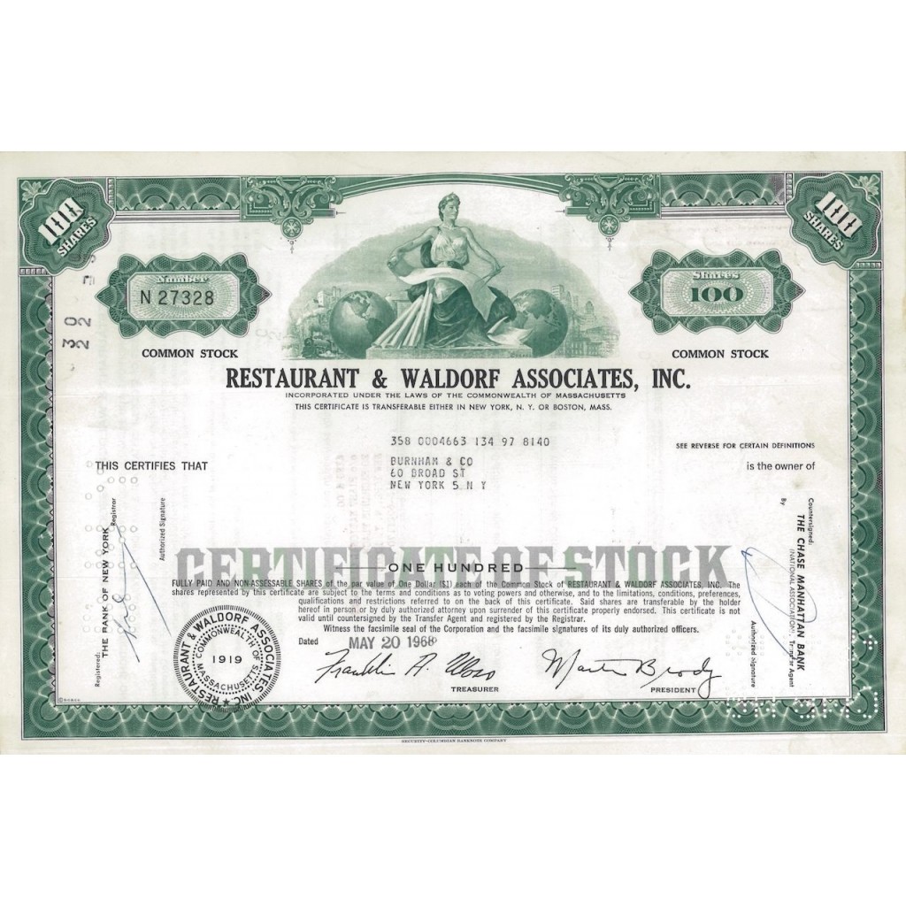 RESTAURANT AND WALDORF ASSOCIATES, INC. 100 AZIONI - 1968