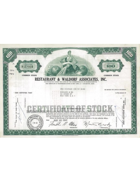 RESTAURANT AND WALDORF ASSOCIATES, INC. 100 AZIONI - 1968