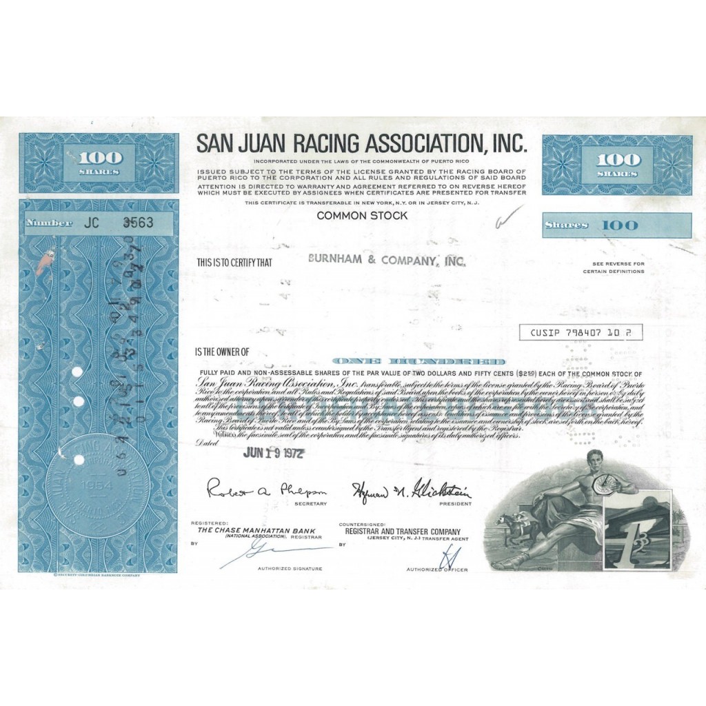 SAN JUAN RACING ASSOCIATION, INC. 100 AZIONI - 1972