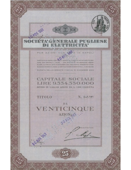 GENERALE PUGLIESE DI ELETTRICITA` - 25 AZIONI NAPOLI 1961