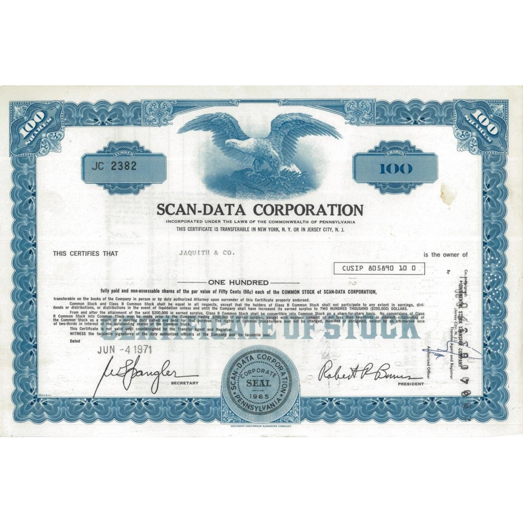 SCAN-DATA CORPORATION - 100 AZIONI - 1971