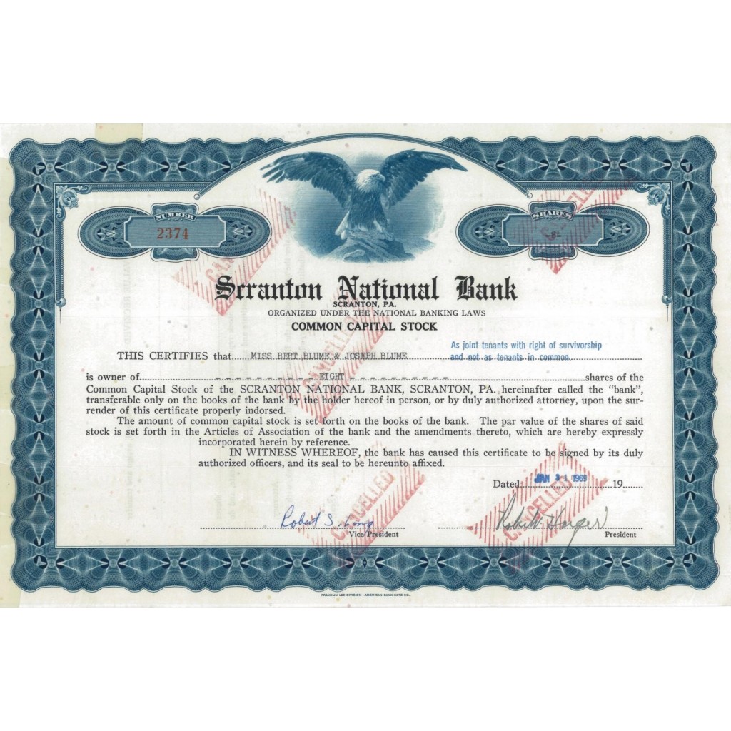 SCRANTON NATIONAL BANK - 8 AZIONI - 1969
