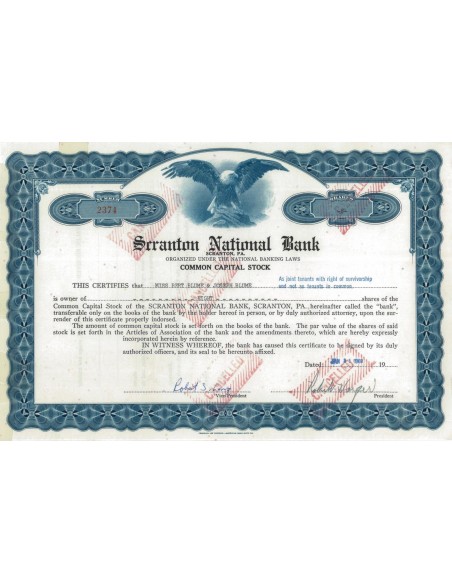 SCRANTON NATIONAL BANK - 8 AZIONI - 1969