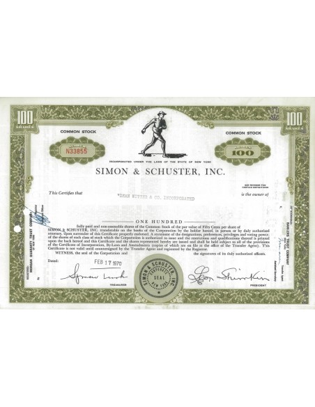 SIMON AND SHUSTER, INC. - 100 AZIONI - 1970