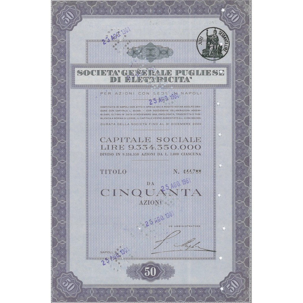 GENERALE PUGLIESE DI ELETTRICITA` - 50 AZIONI NAPOLI 1961