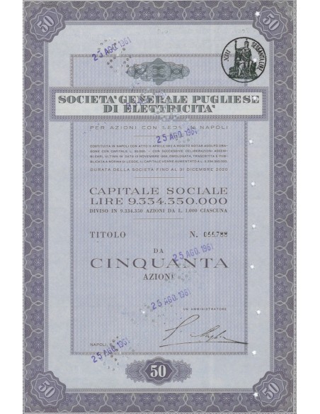 GENERALE PUGLIESE DI ELETTRICITA` - 50 AZIONI NAPOLI 1961