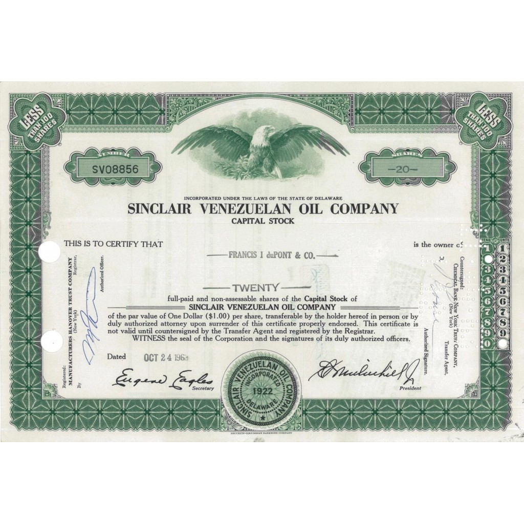 SINCLAIR VENEZUELAN OIL COMPANY - 20 AZIONI - 1963