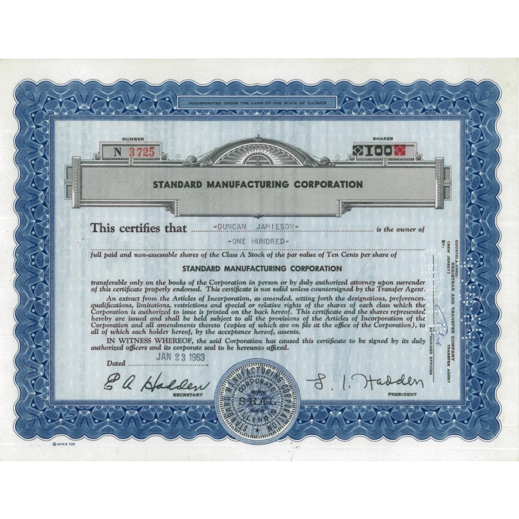 STANDARD MANUFACTURING CORPORATION - 100 AZIONI - 1963