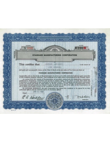 STANDARD MANUFACTURING CORPORATION - 100 AZIONI - 1963