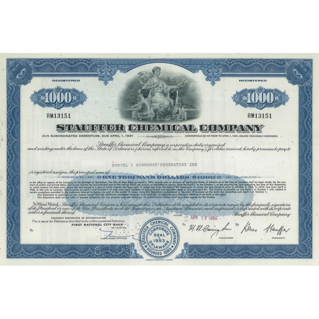 STAUFFER CHEMICAL COMPANY - 1000 DOLLARI - 1966
