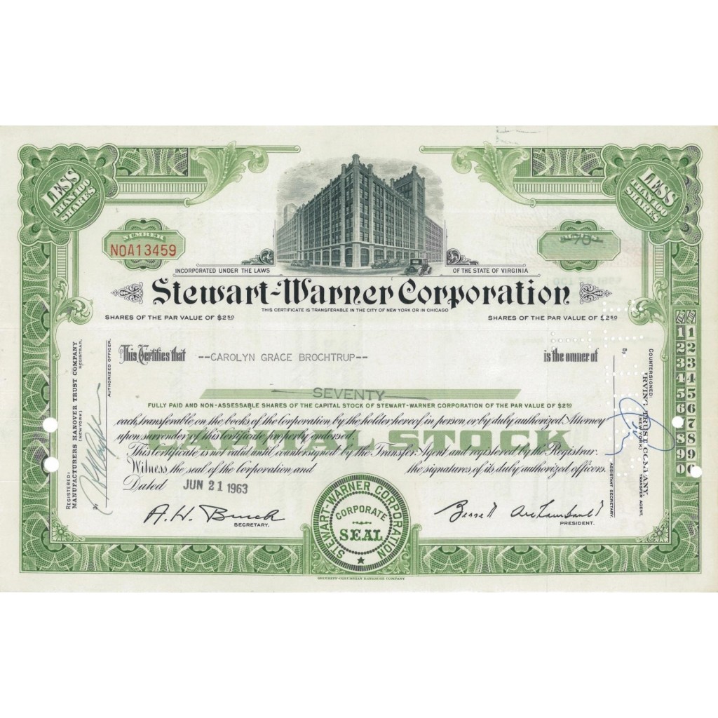 STEWART-WARNER CORPORATION - 70 AZIONI - 1963