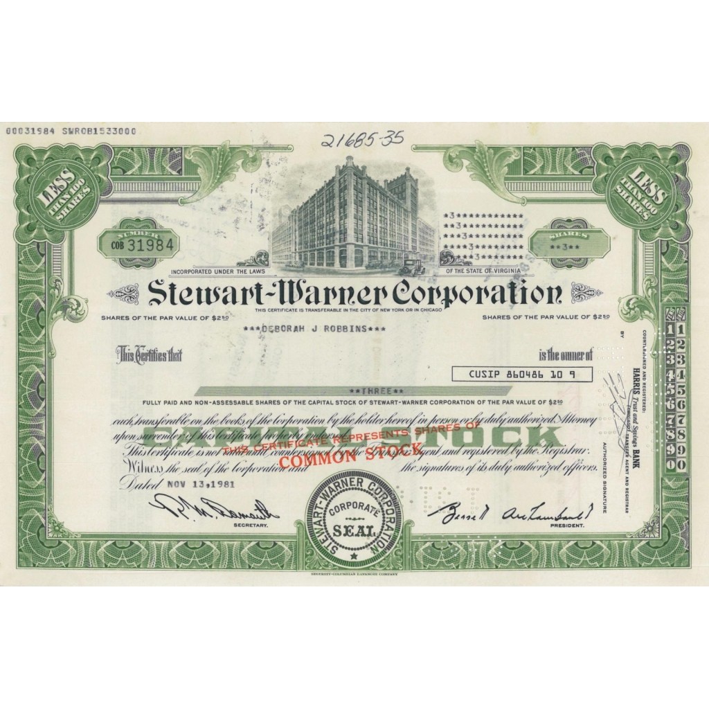 STEWART-WARNER CORPORATION - 3 AZIONI - 1981