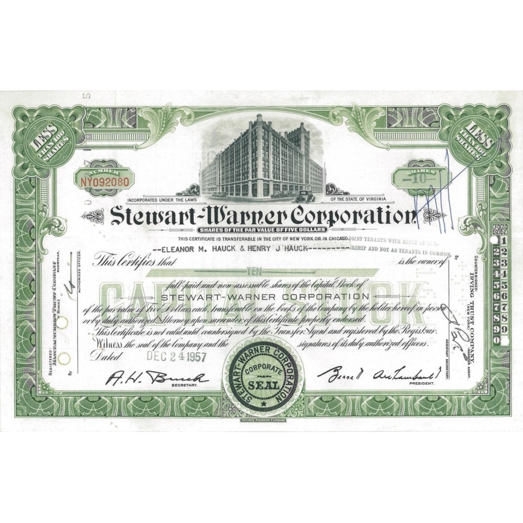 STEWART-WARNER CORPORATION - 10 AZIONI - 1957