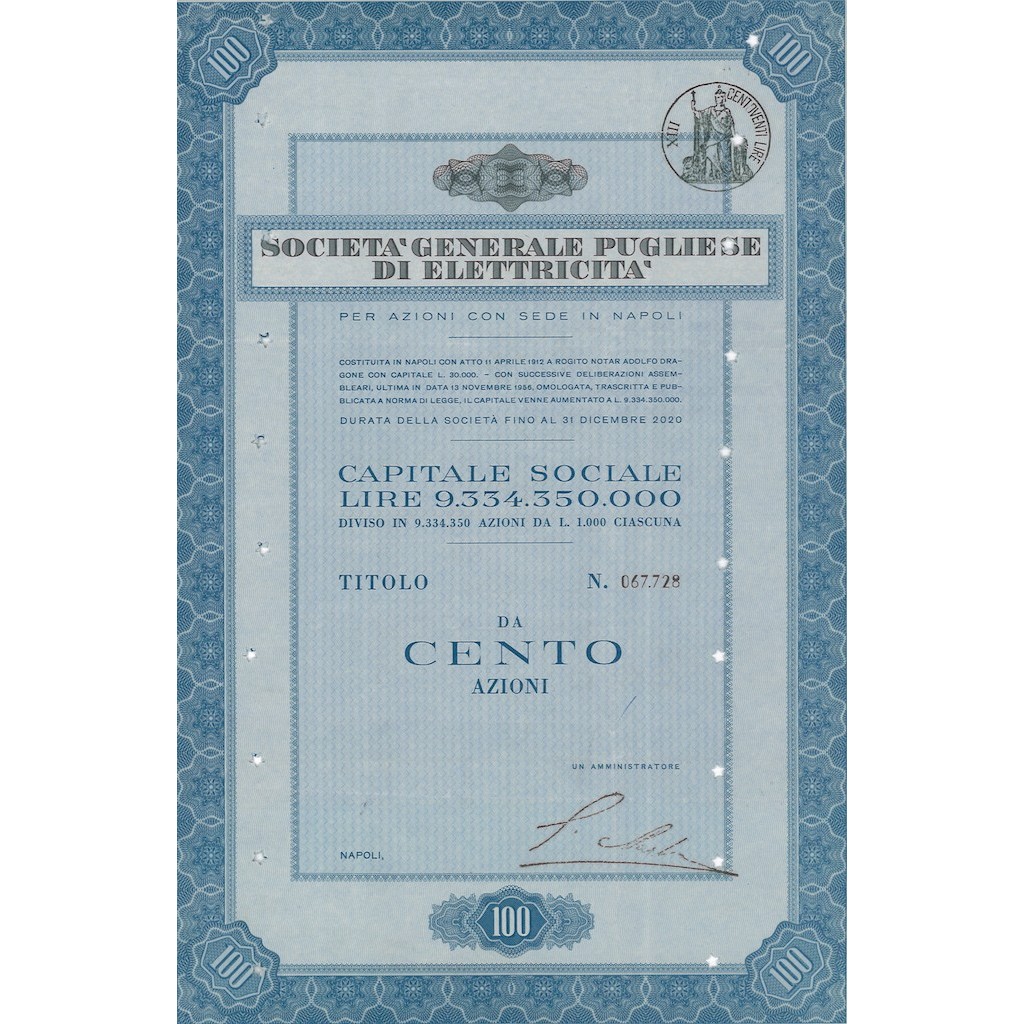 GENERALE PUGLIESE DI ELETTRICITA` - 100 AZIONI NAPOLI 1956
