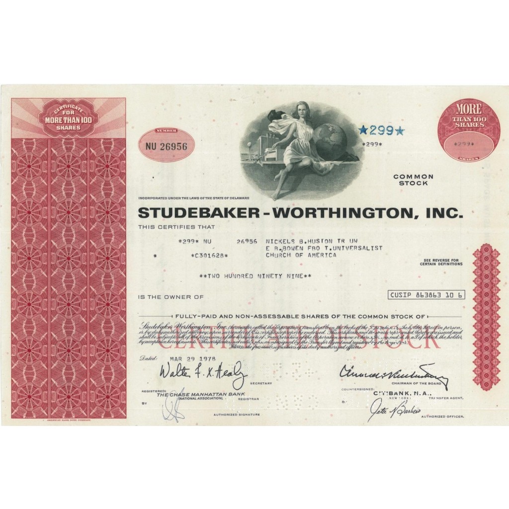 STUDEBAKER-WORTHINGTON, INC.- 299 AZIONI - 1978