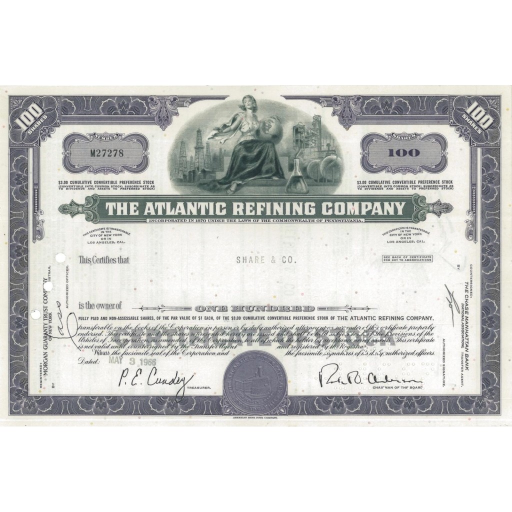 THE ATLANTIC REFINING COMPANY - 100 AZIONI - 1966