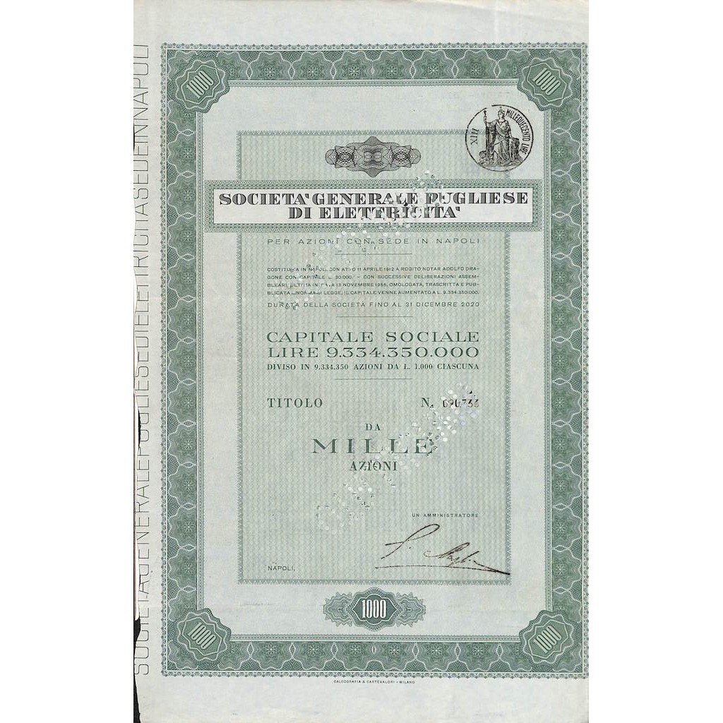 SOC. GENERALE PUGLIESE DI ELETTRICITA` - 1000 AZIONI NAPOLI