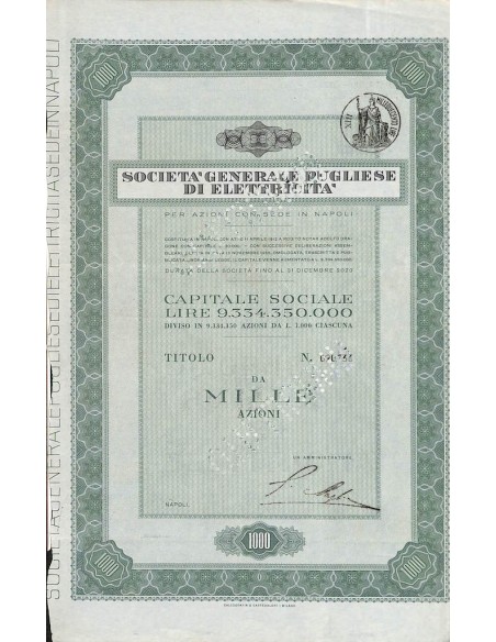 SOC. GENERALE PUGLIESE DI ELETTRICITA` - 1000 AZIONI NAPOLI