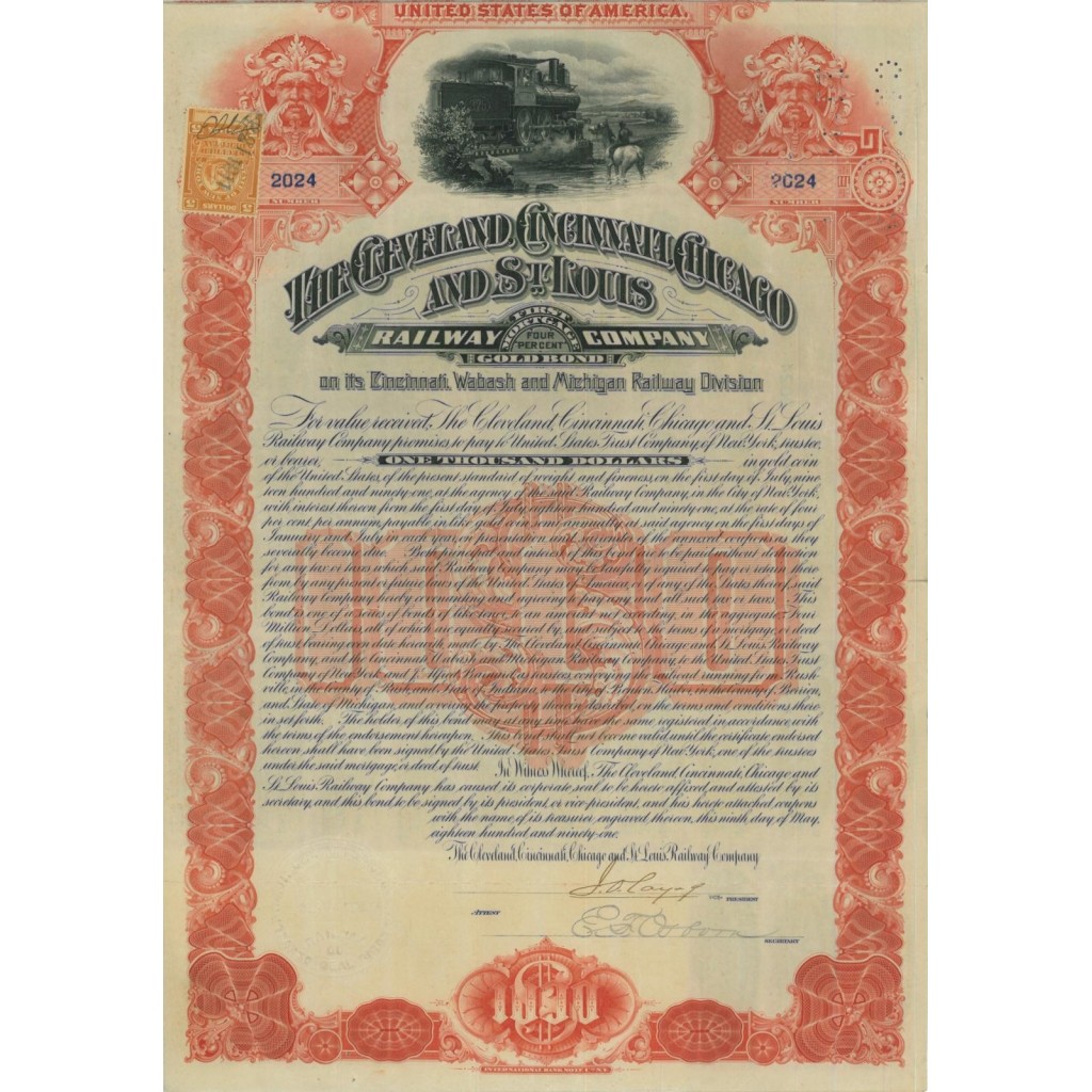 THE CLEVELAND CINCINNATI CHICAGO AND ST. LOUIS RAILWAY COMP. 1000 DOLLARI 1891
