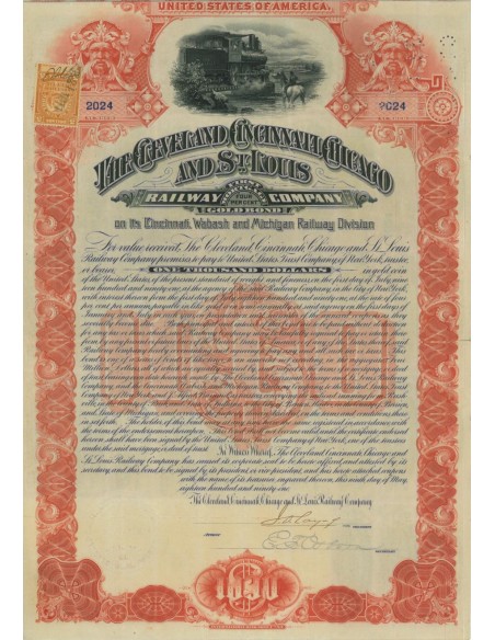 THE CLEVELAND CINCINNATI CHICAGO AND ST. LOUIS RAILWAY COMP. 1000 DOLLARI 1891