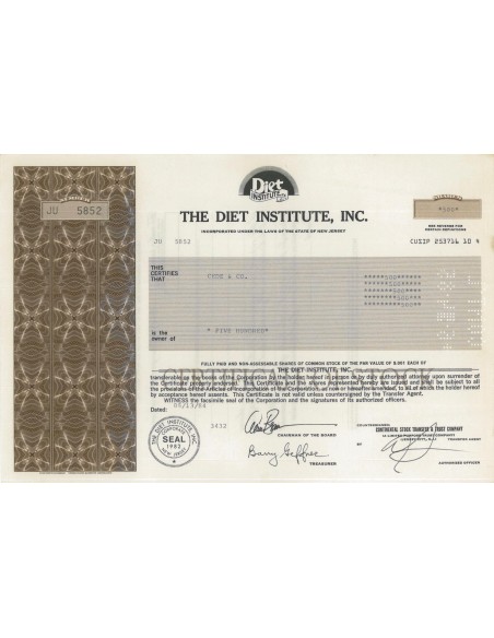 THE DIET INSTITUTE, INC. - 500 AZIONI - 1984