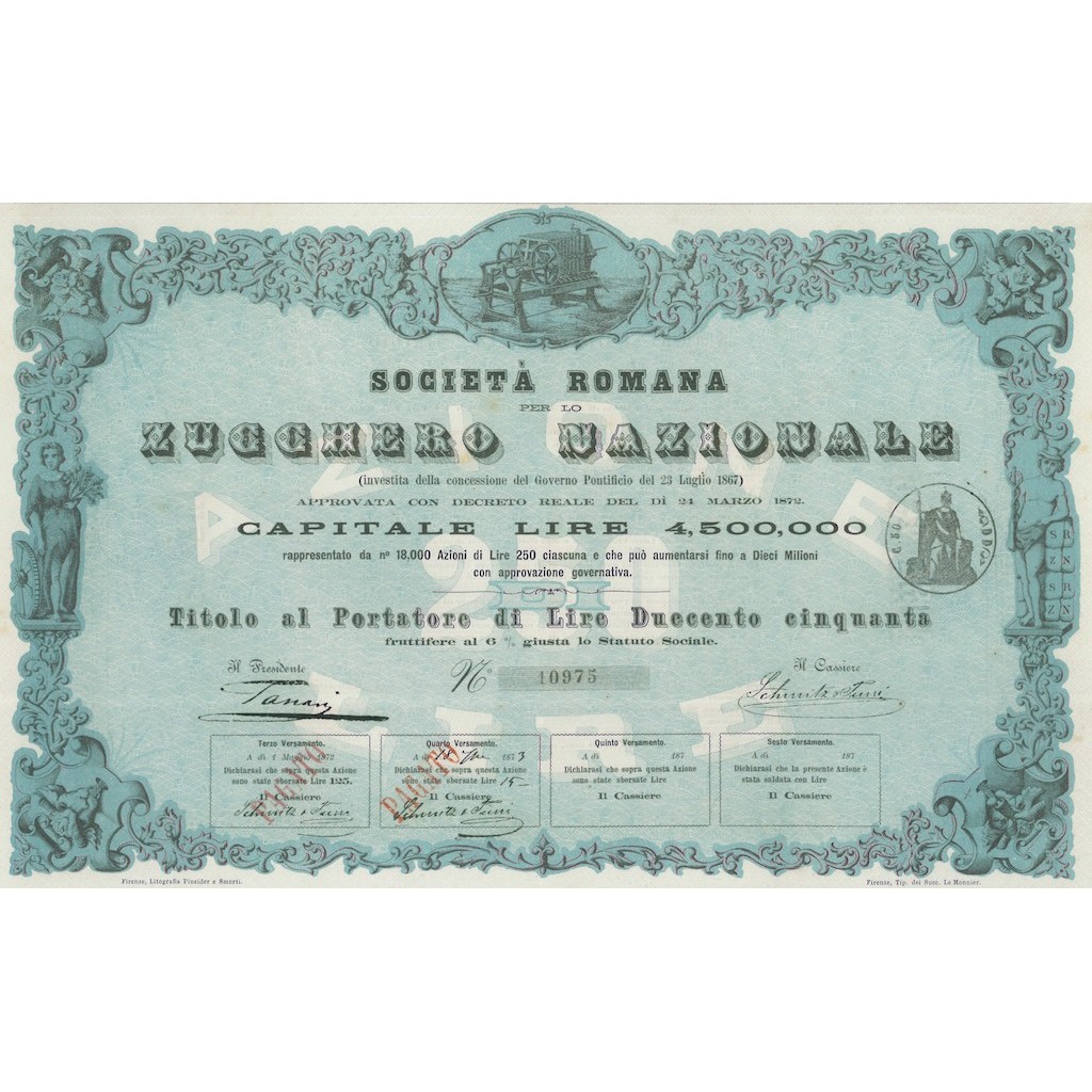 SOC. ROMANA ZUCCHERO NAZIONALE TITOLO LIRE 250 - FIRENZE 1872