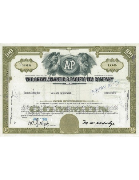 THE GREAT ATLANTIC AND PACIFIC TEA COMPANY - 100 AZIONI 1969