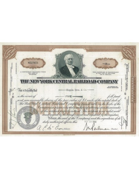 THE NEW YORK CENTRAL RAILROAD COMPANY - 5 AZIONI - 1964