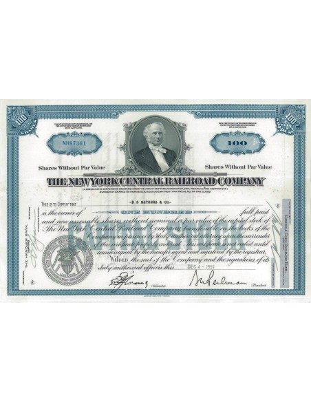 THE NEW YORK CENTRAL RAILROAD COMPANY - 100 AZIONI - 1957