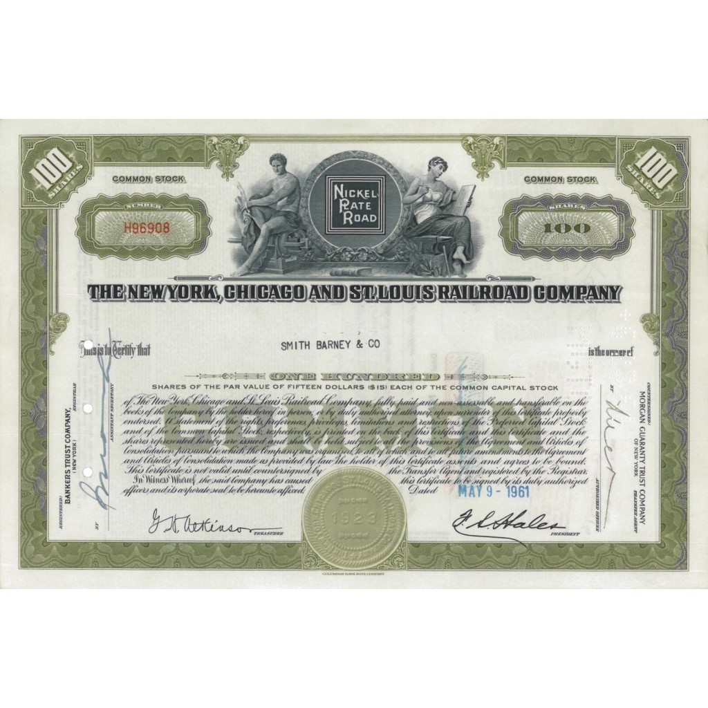 THE NEW YORK, CHICAGO AND ST.LOUIS RAILROAD COMP. 100 AZIONI -1961
