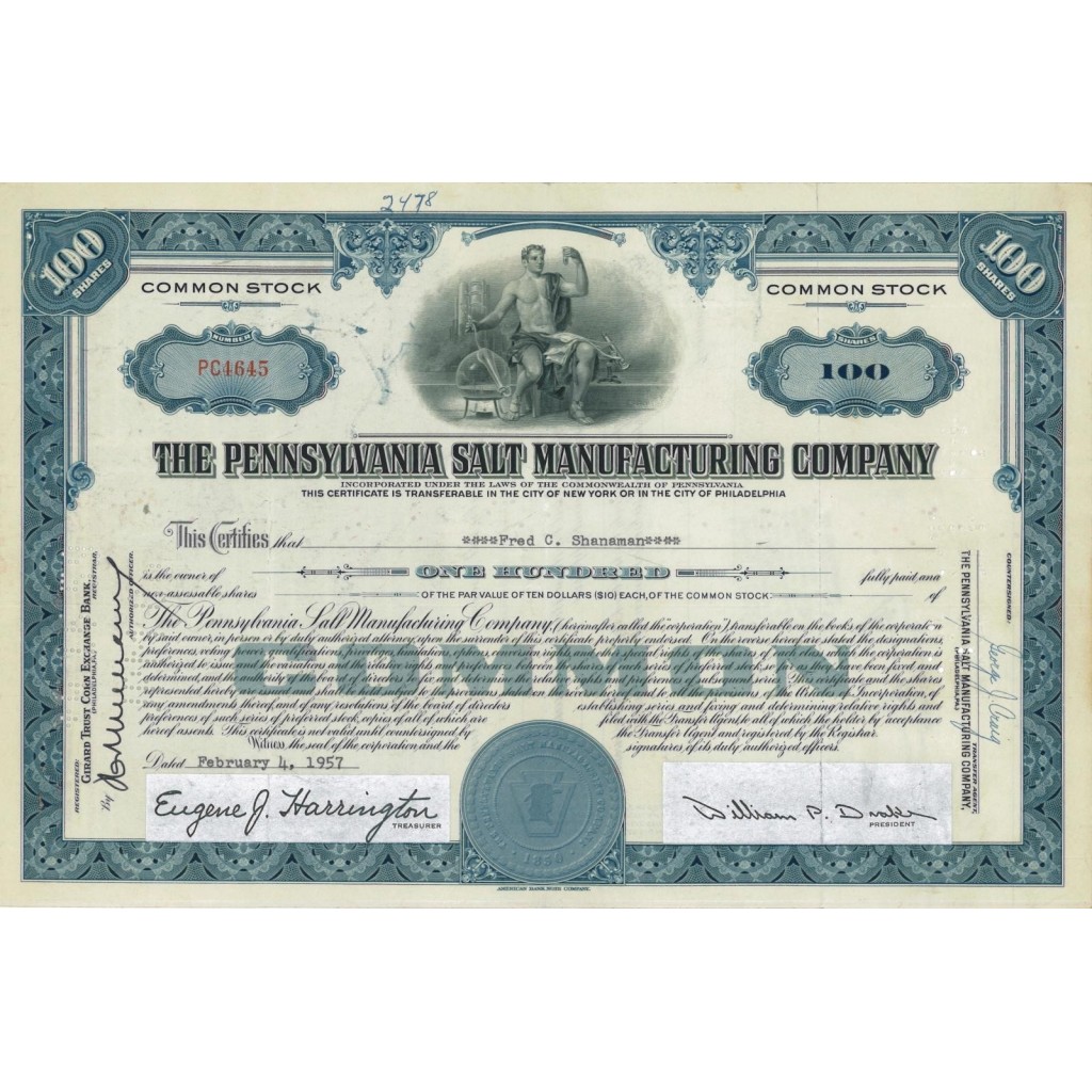 THE PENNSYLVANIA SALT MANUFACTURING COMPANY - 100 AZIONI - 1957