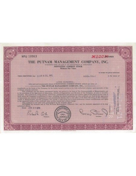 THE PUTNAM MANAGEMENT COMPANY, INC. 100 AZIONI - 1970