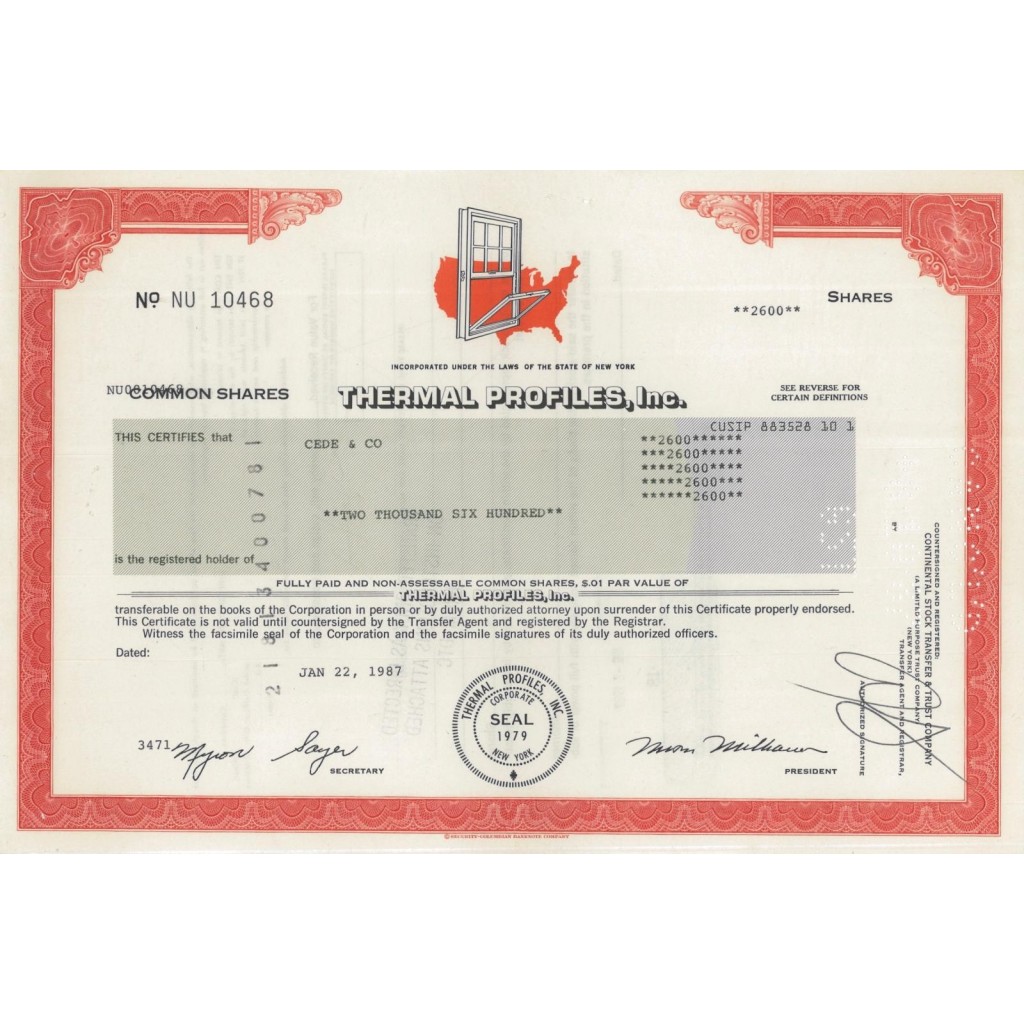 THERMAL PROFILES, INC. 2600 AZIONI - 1987