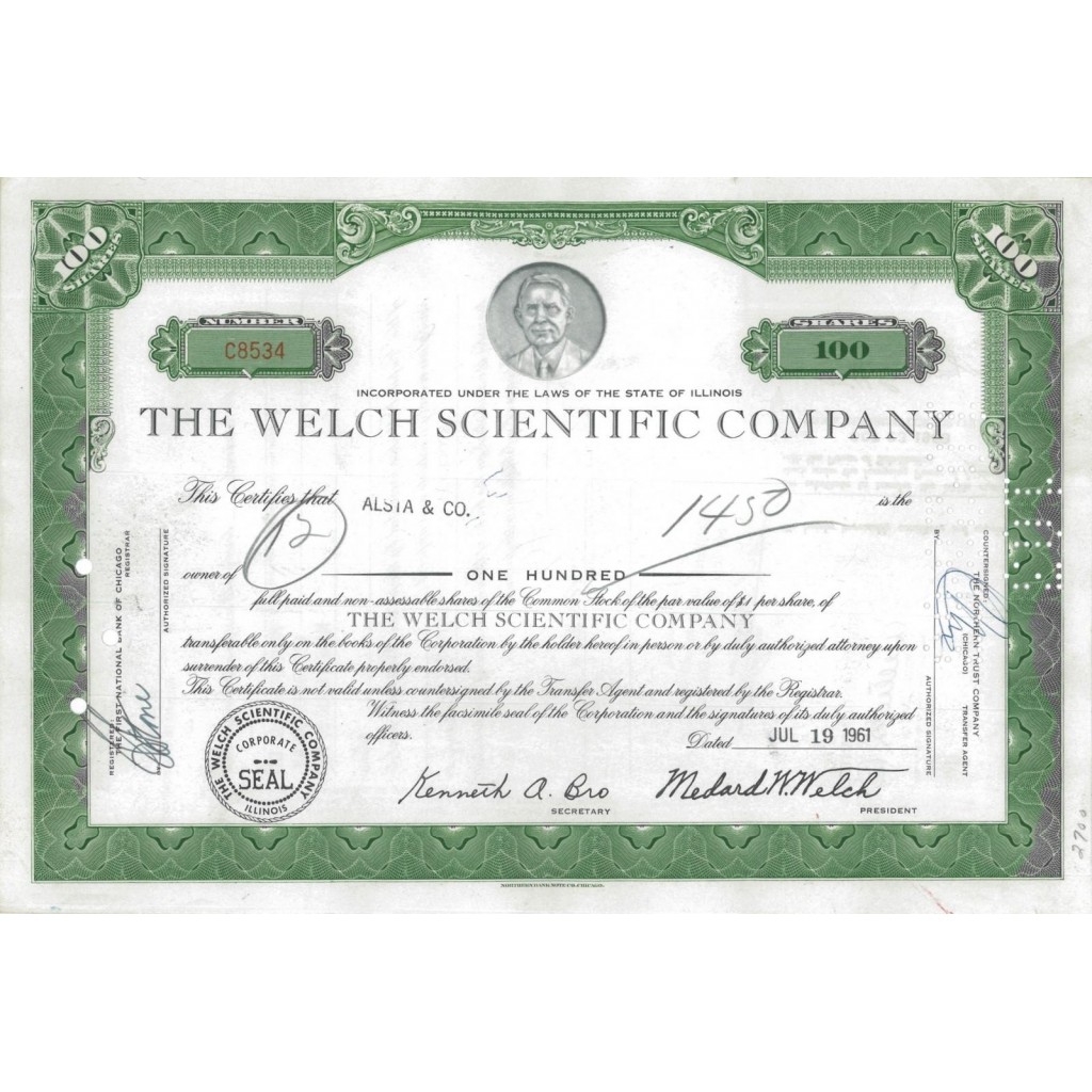 THE WELCH SCIENTIFIC COMPANY - 100 AZIONI - 1961