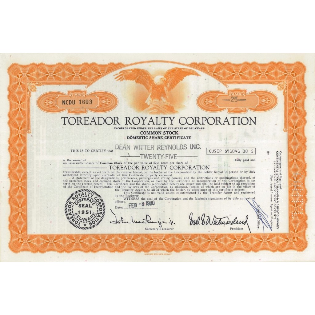 TOREADOR ROYALTY CORPORATION - 25 AZIONI - 1980