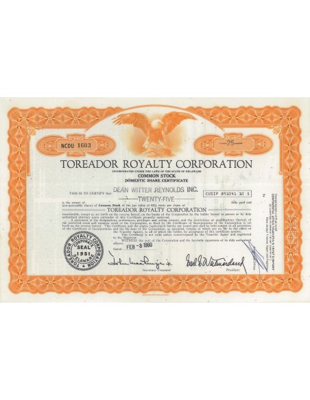 TOREADOR ROYALTY CORPORATION - 25 AZIONI - 1980