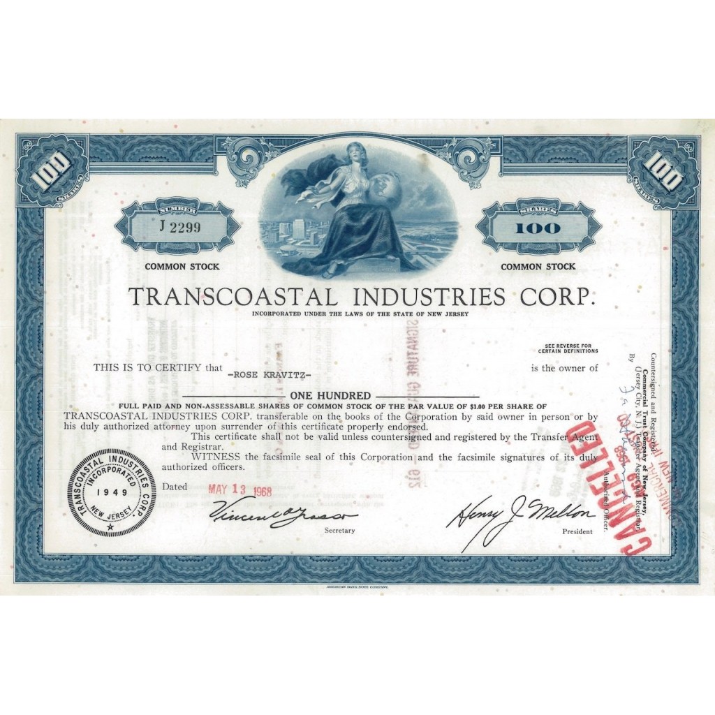 TRANSCOASTAL INDUSTRIES CORP. 100 AZIONI - 1968