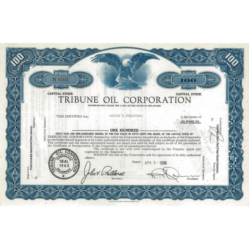 TRIBUNE OIL CORPORATION - 100 AZIONI - 1968